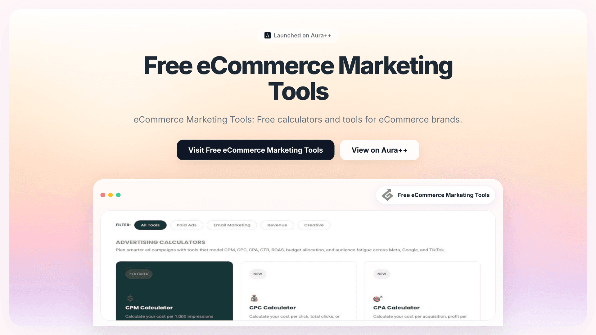 Free eCommerce Marketing Tools launch story featured image on Aura++
