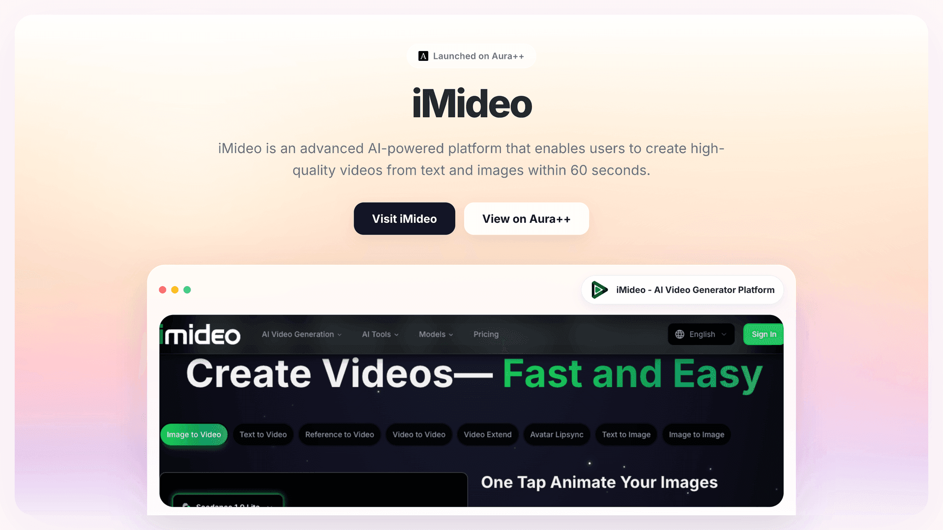 iMideo - AI Video Generator Platform launch story featured image on Aura++