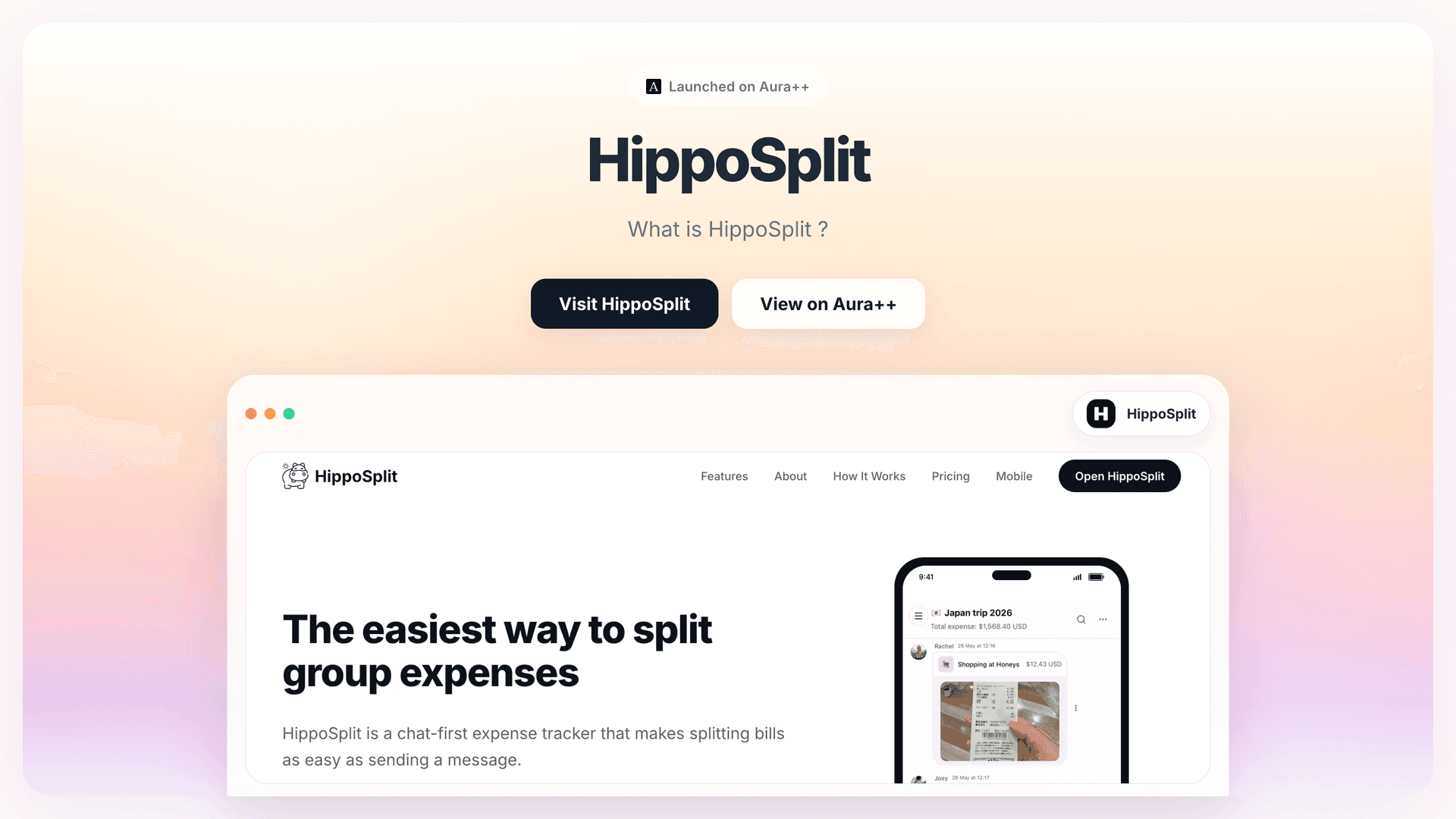 HippoSplit launch story featured image on Aura++