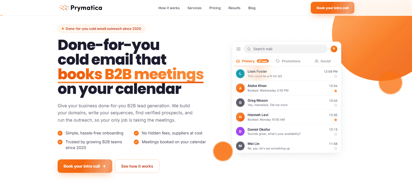 Prymatica - Done-for-You Cold Email Lead Generation product preview for startup listing on Aura++