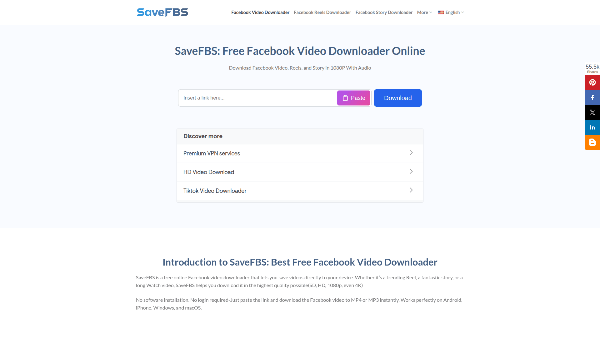 SaveFBS: Free Facebook Video Downloader product preview for startup listing on Aura++