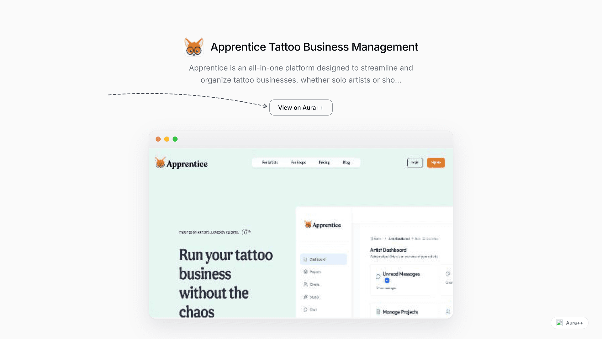 Apprentice Tattoo Business Management launch story featured image on Aura++