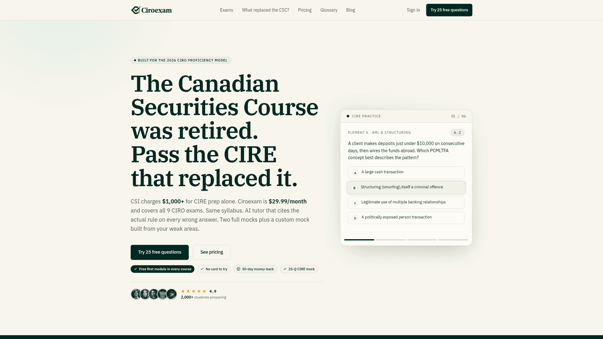 Canadian CIRO Exam Prep Platform product preview for startup listing on Aura++