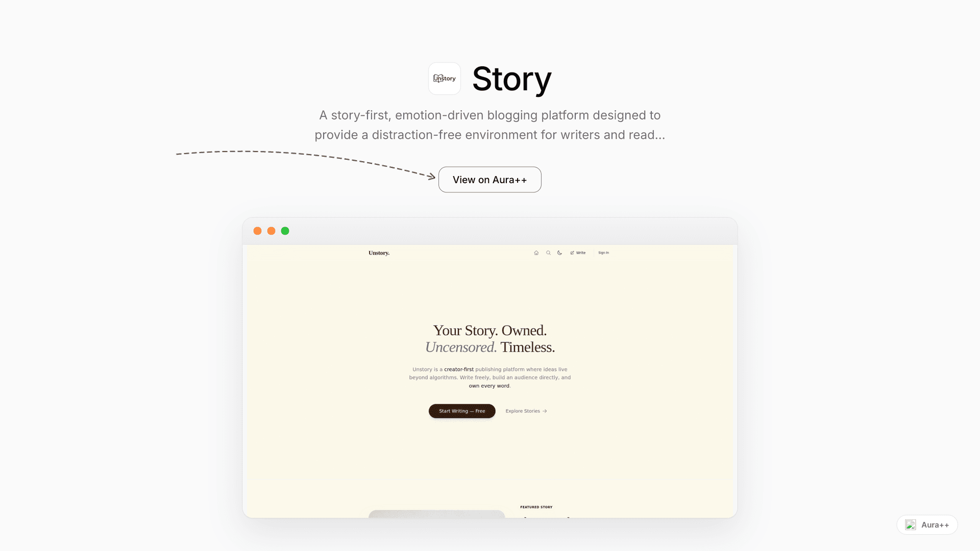 Story-First Blogging Platform launch story featured image on Aura++