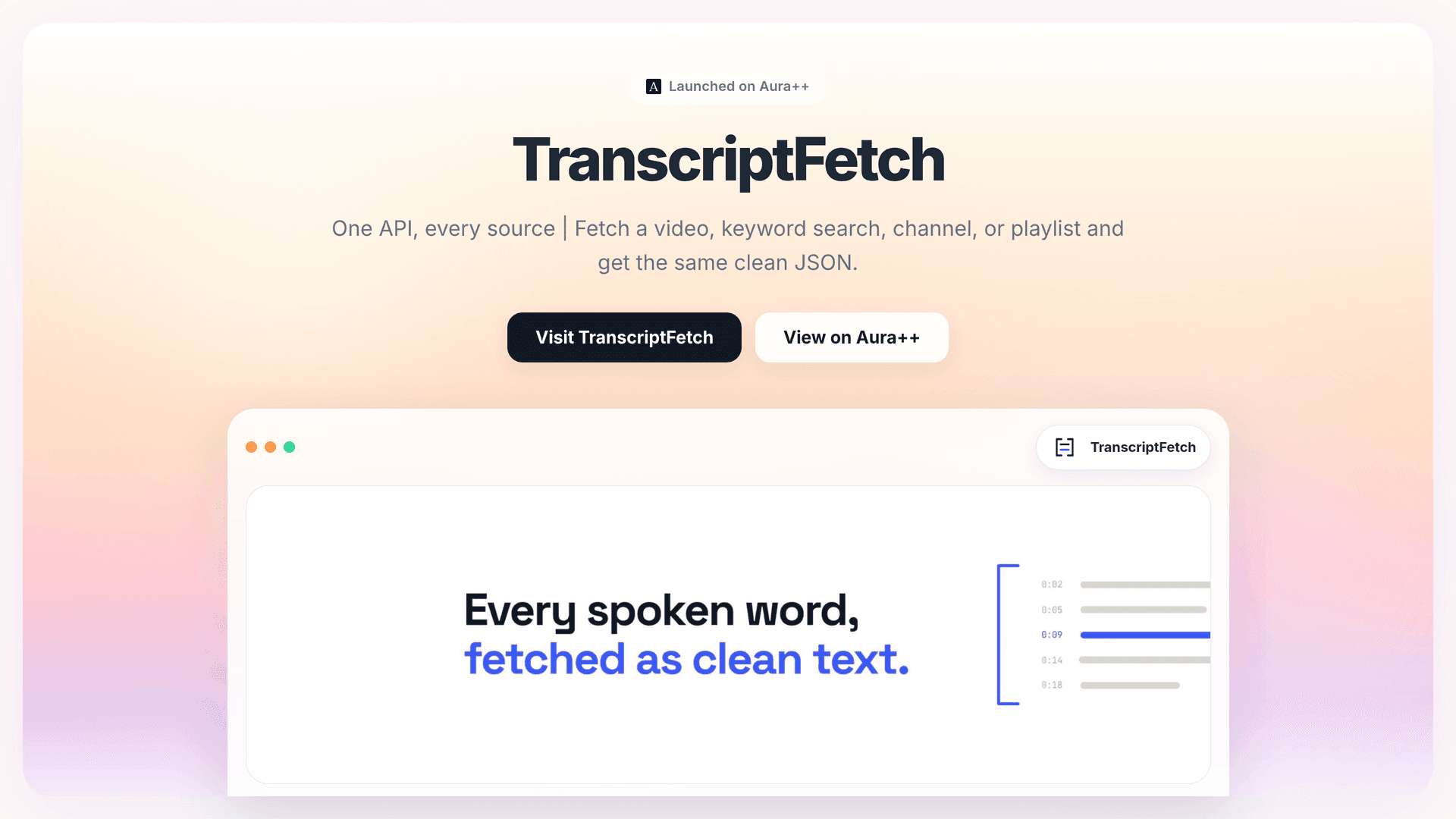 TranscriptFetch launch story featured image on Aura++