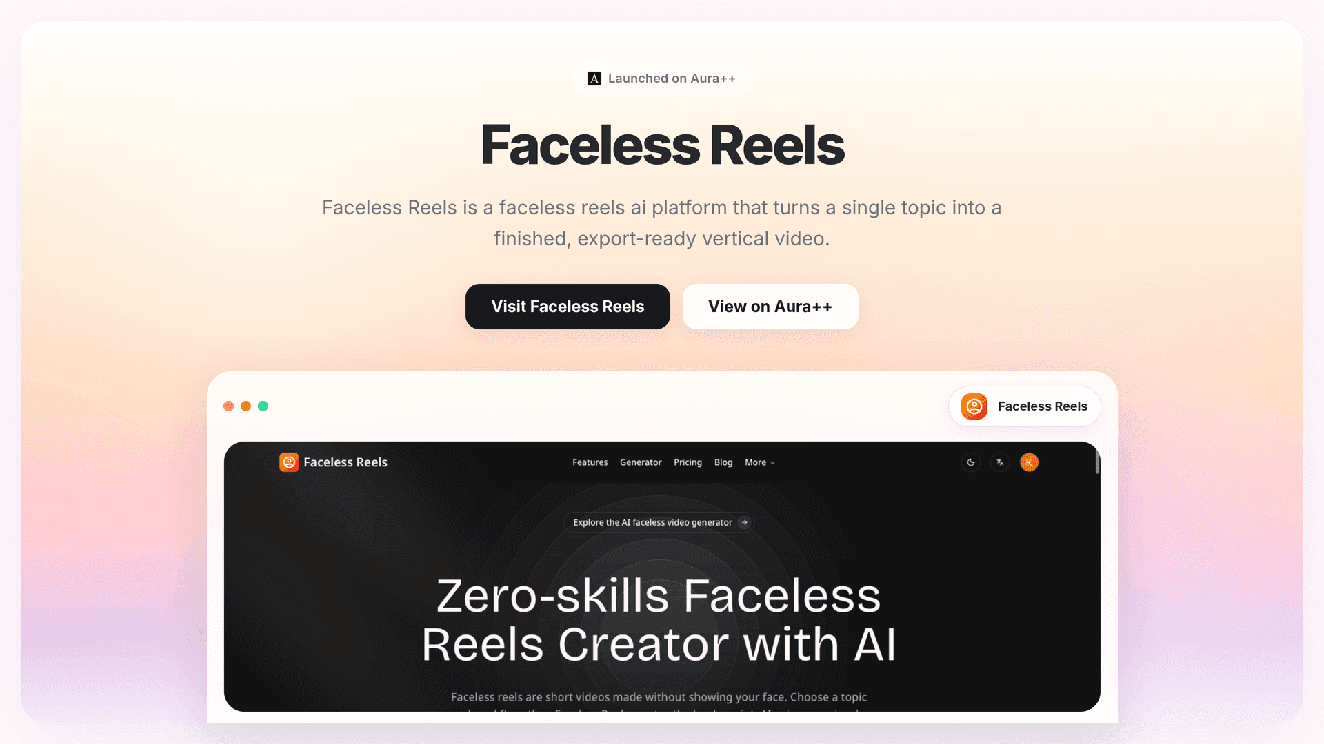 Faceless Reels launch story featured image on Aura++