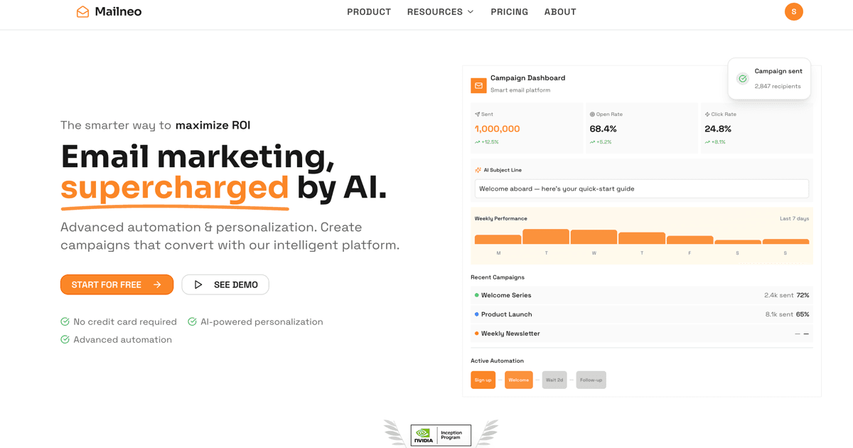 Mailneo Email Marketing Platform product preview for startup listing on Aura++
