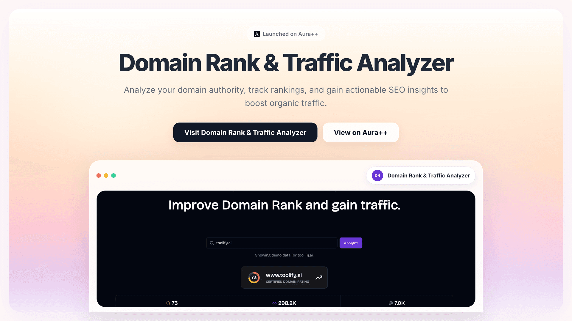 Domain Rank & Traffic Analyzer launch story featured image on Aura++