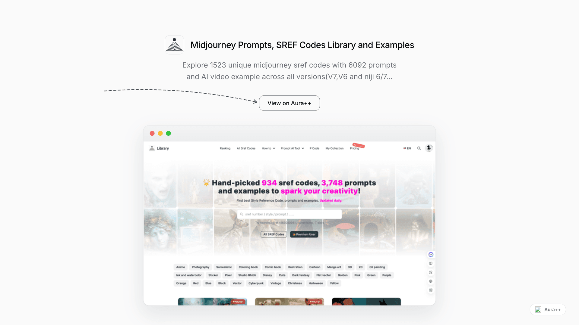Midjourney Prompts, SREF Codes Library and Examples launch story featured image on Aura++