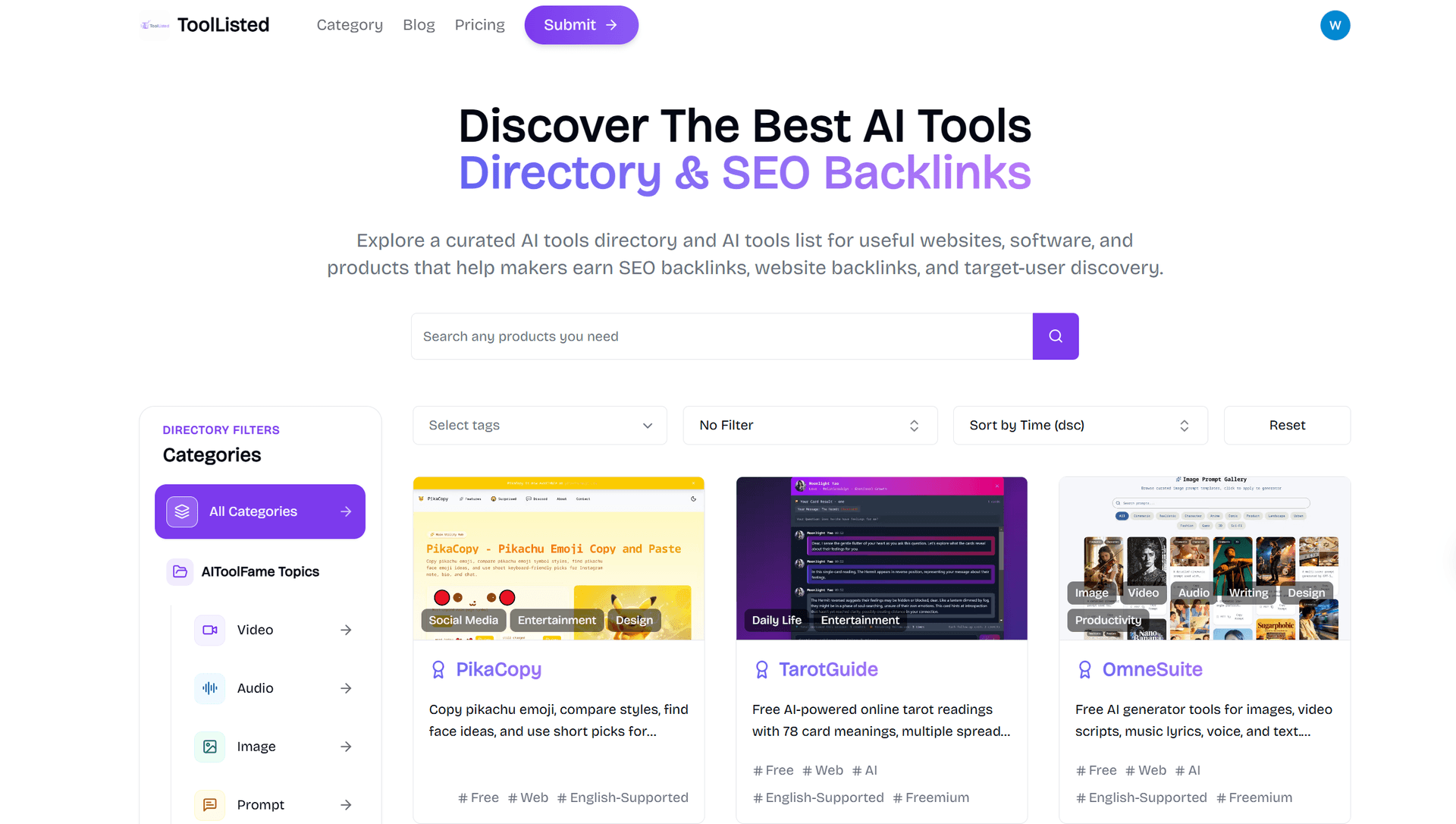 AI Tools Directory & SEO Backlinks product preview for startup listing on Aura++
