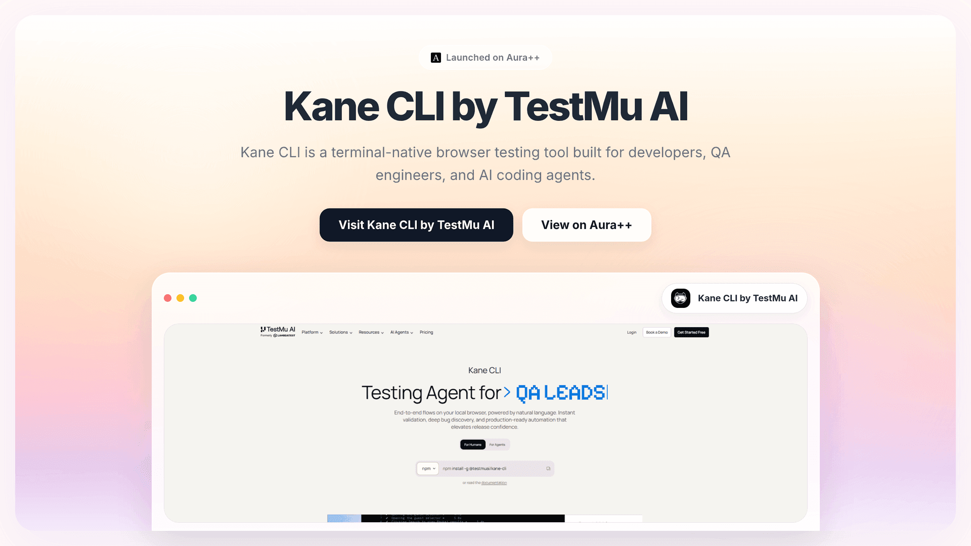 Kane CLI by TestMu AI launch story featured image on Aura++