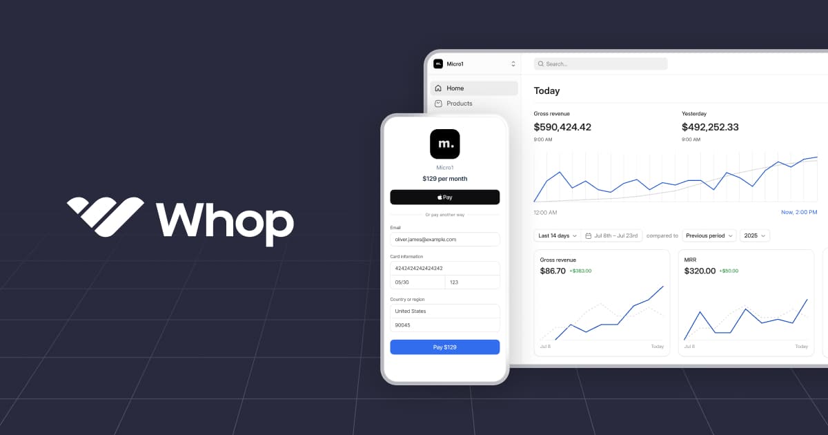 Whop Payments & Business Platform product preview for startup listing on Aura++