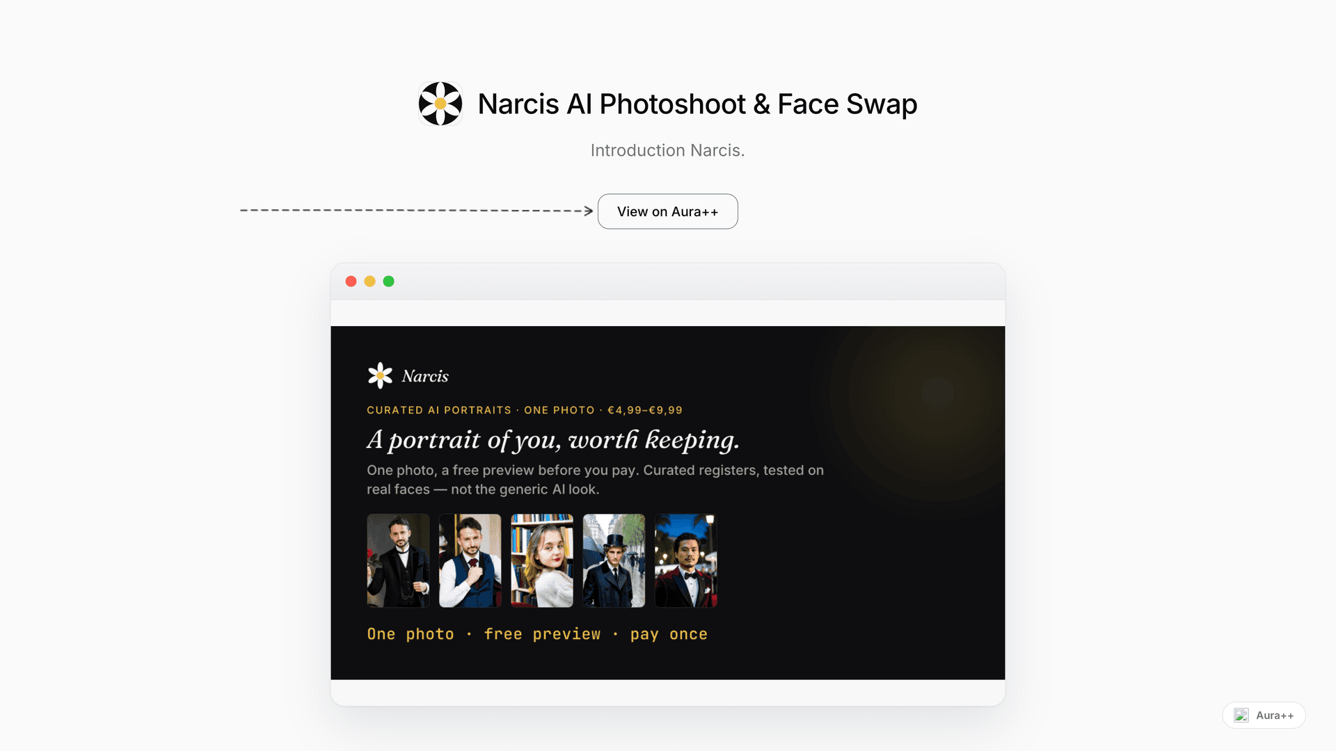 Narcis AI Photoshoot & Face Swap launch story featured image on Aura++