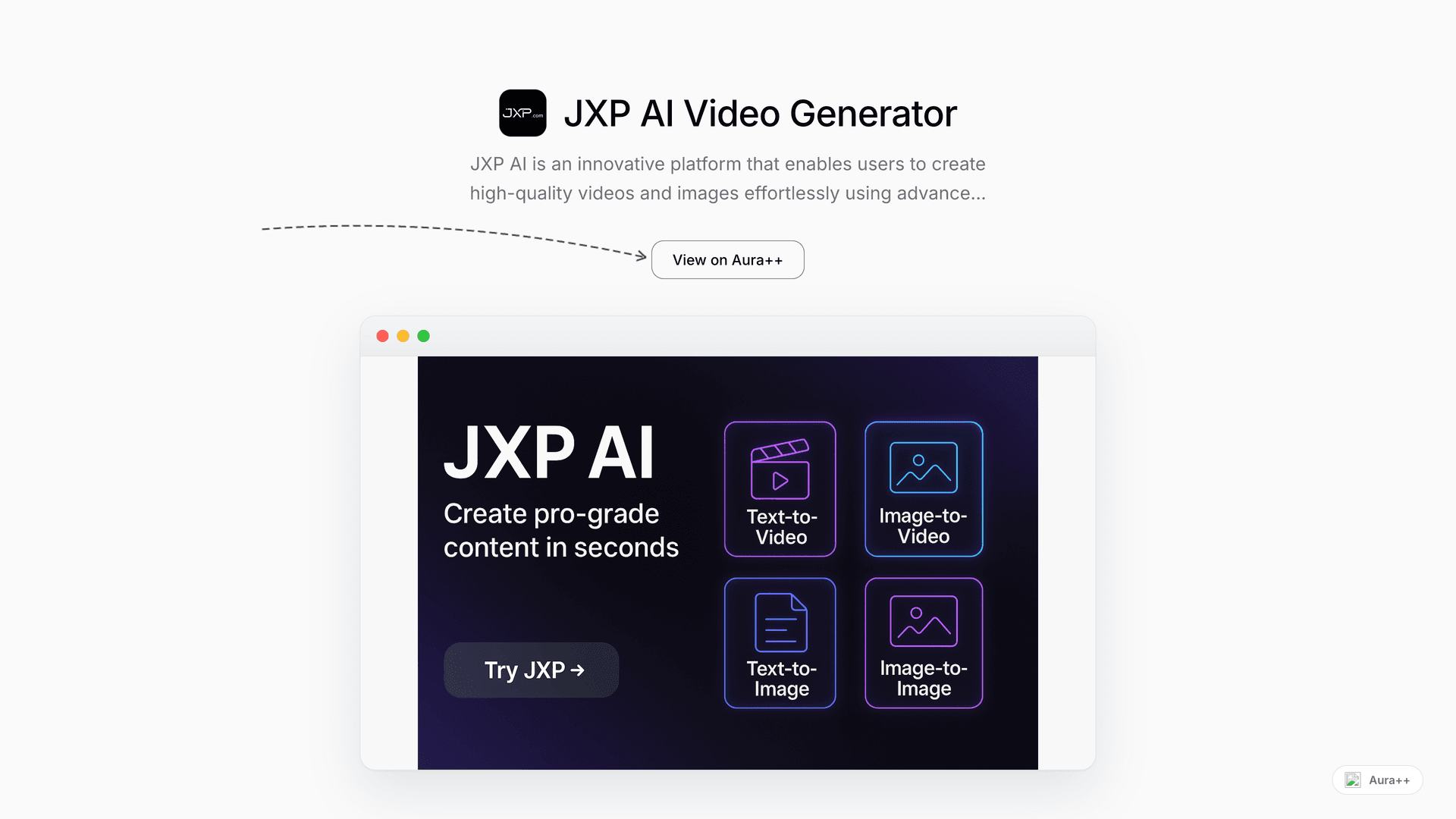 JXP AI Video Generator launch story featured image on Aura++