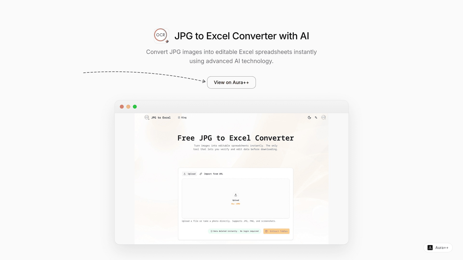 JPG to Excel Converter with AI launch story featured image on Aura++
