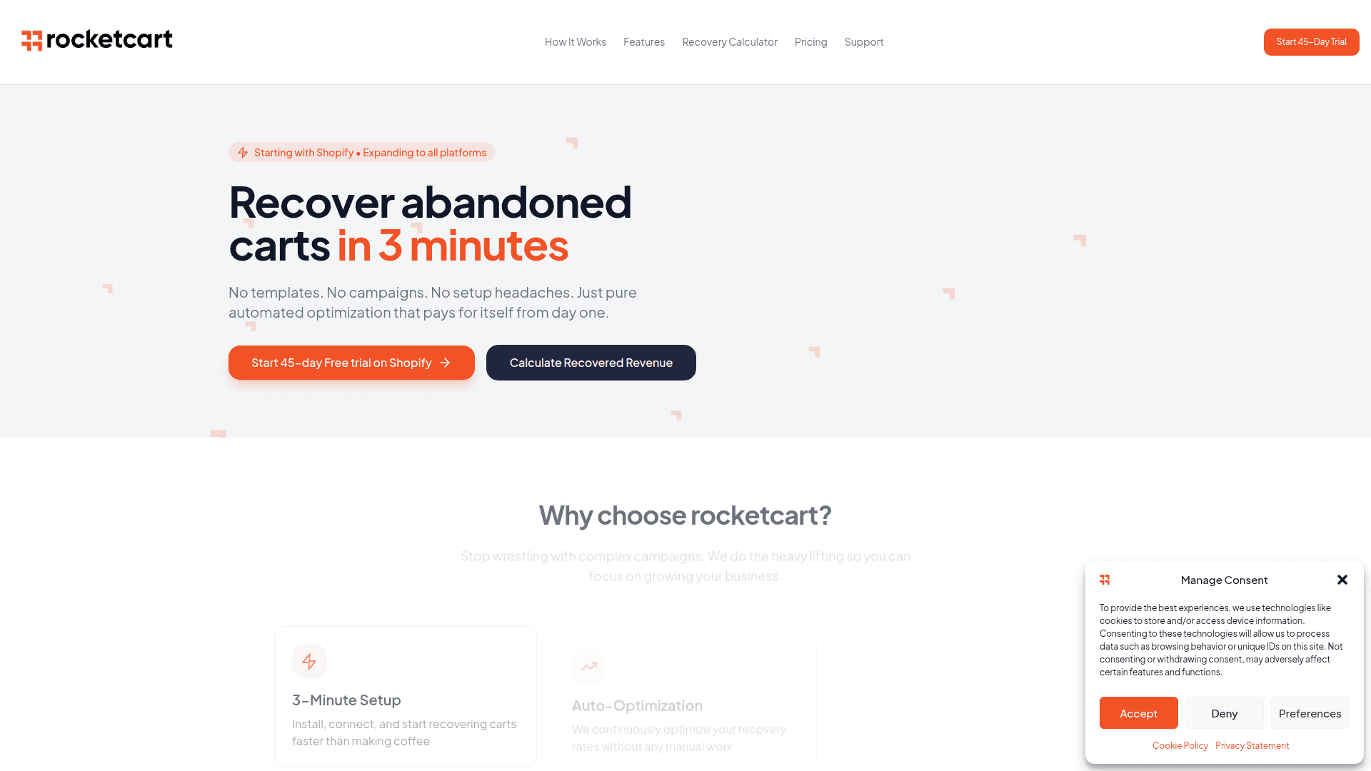 RocketCart Abandoned Cart Recovery product preview for startup listing on Aura++