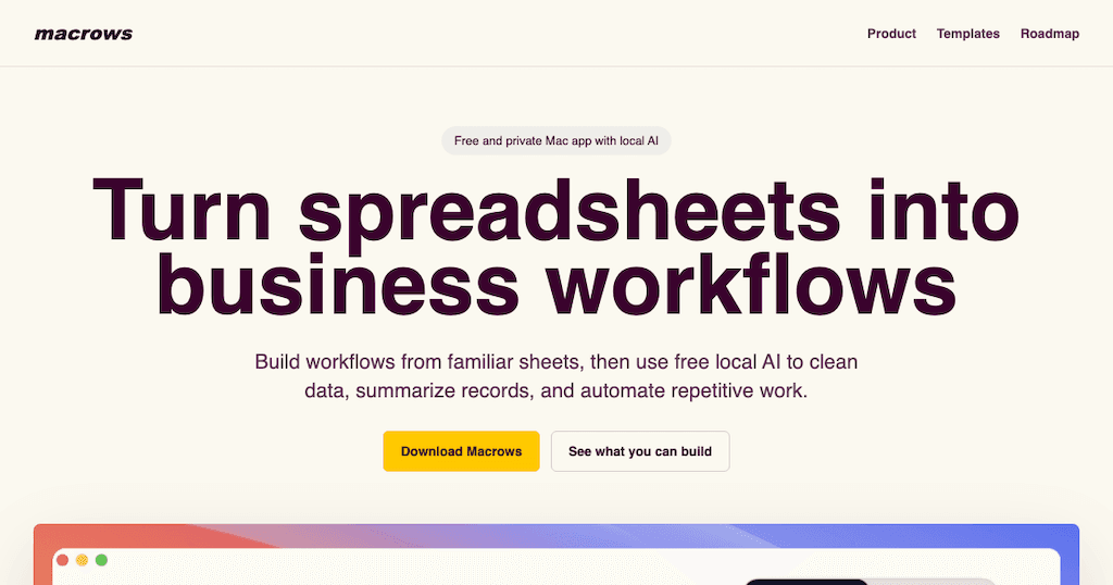 Macrows: Spreadsheet Workflow Automation product preview for startup listing on Aura++
