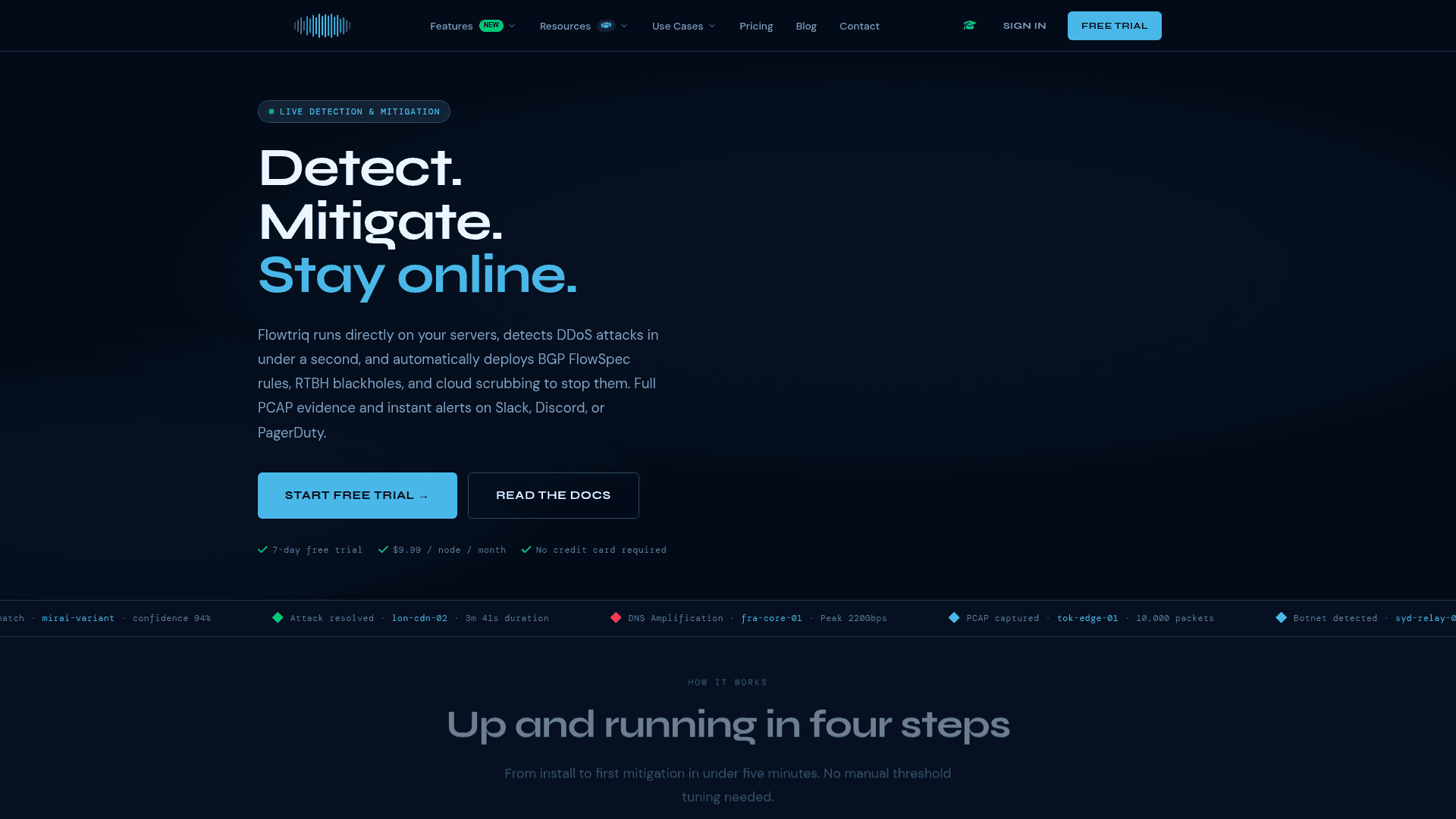 Flowtriq DDoS Detection & Mitigation Platform product preview for startup listing on Aura++