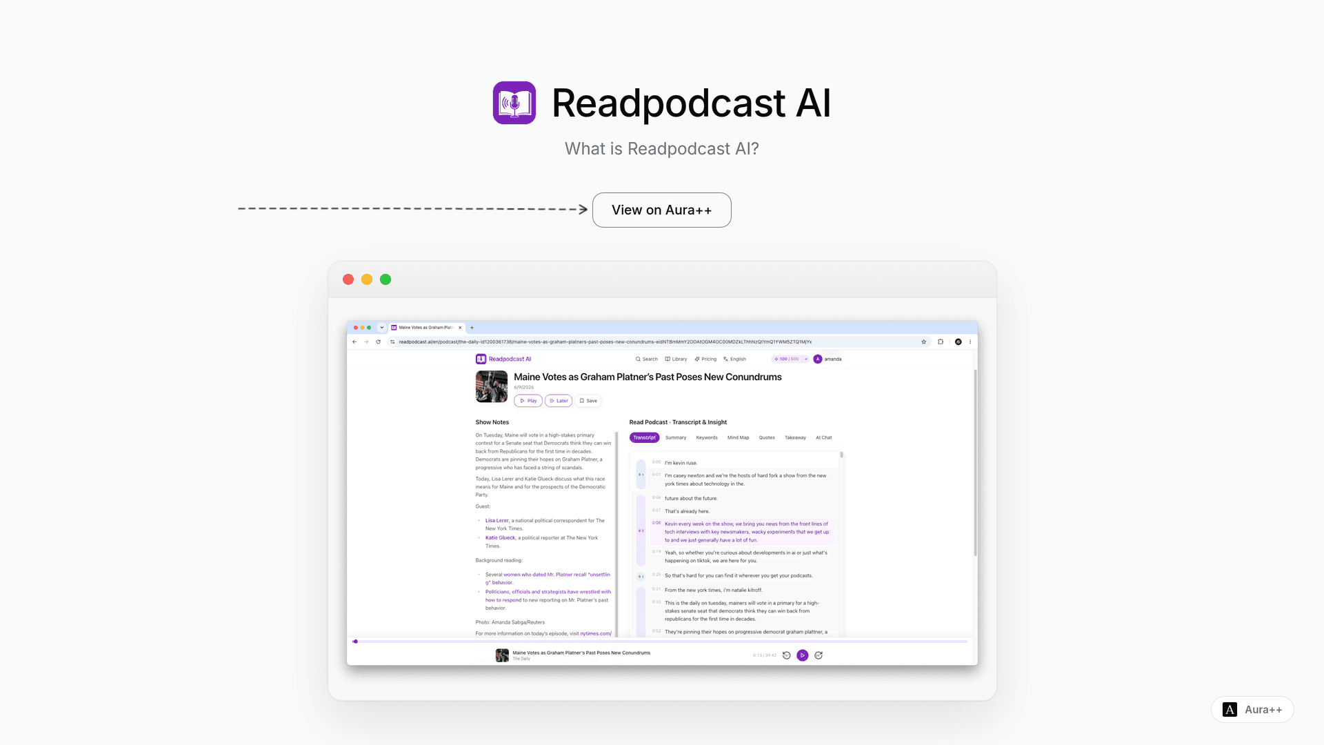 Readpodcast AI launch story featured image on Aura++