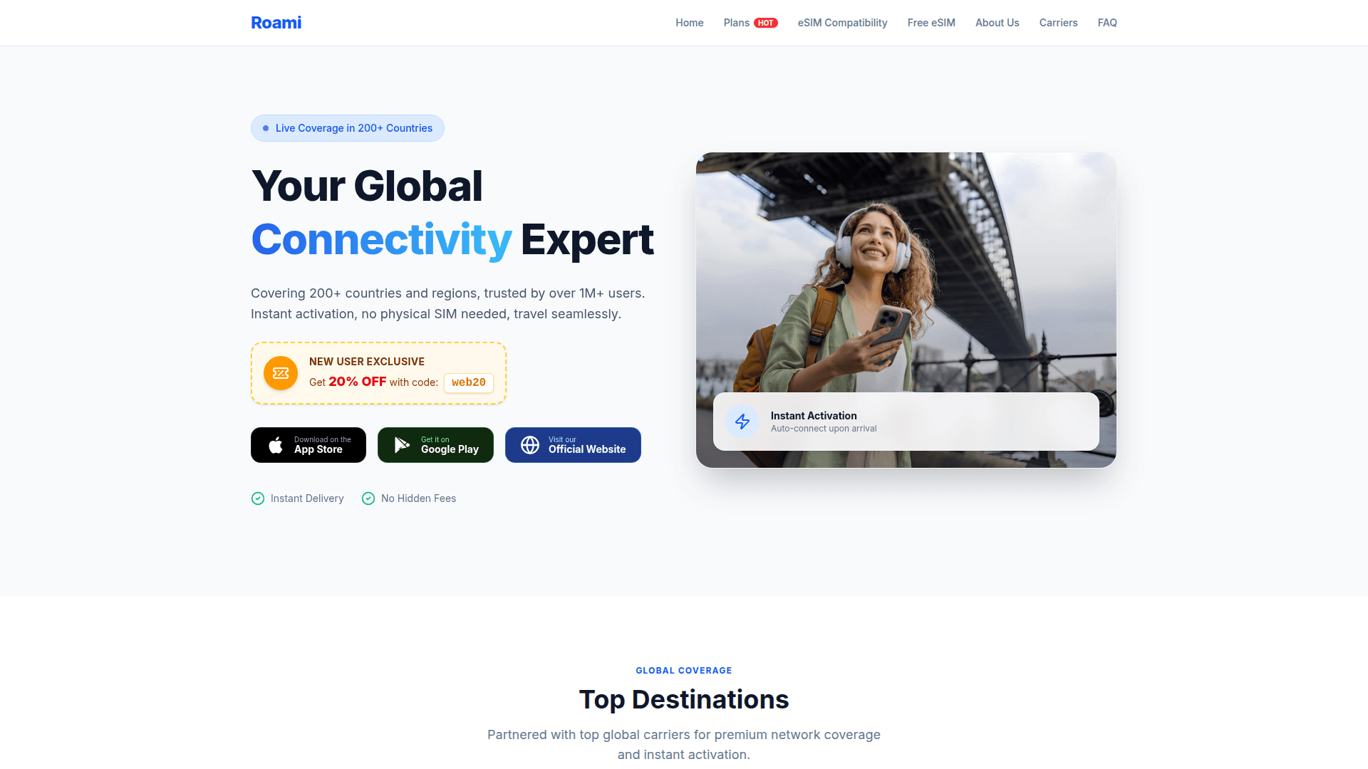 Roami Global eSIM Service product preview for startup listing on Aura++