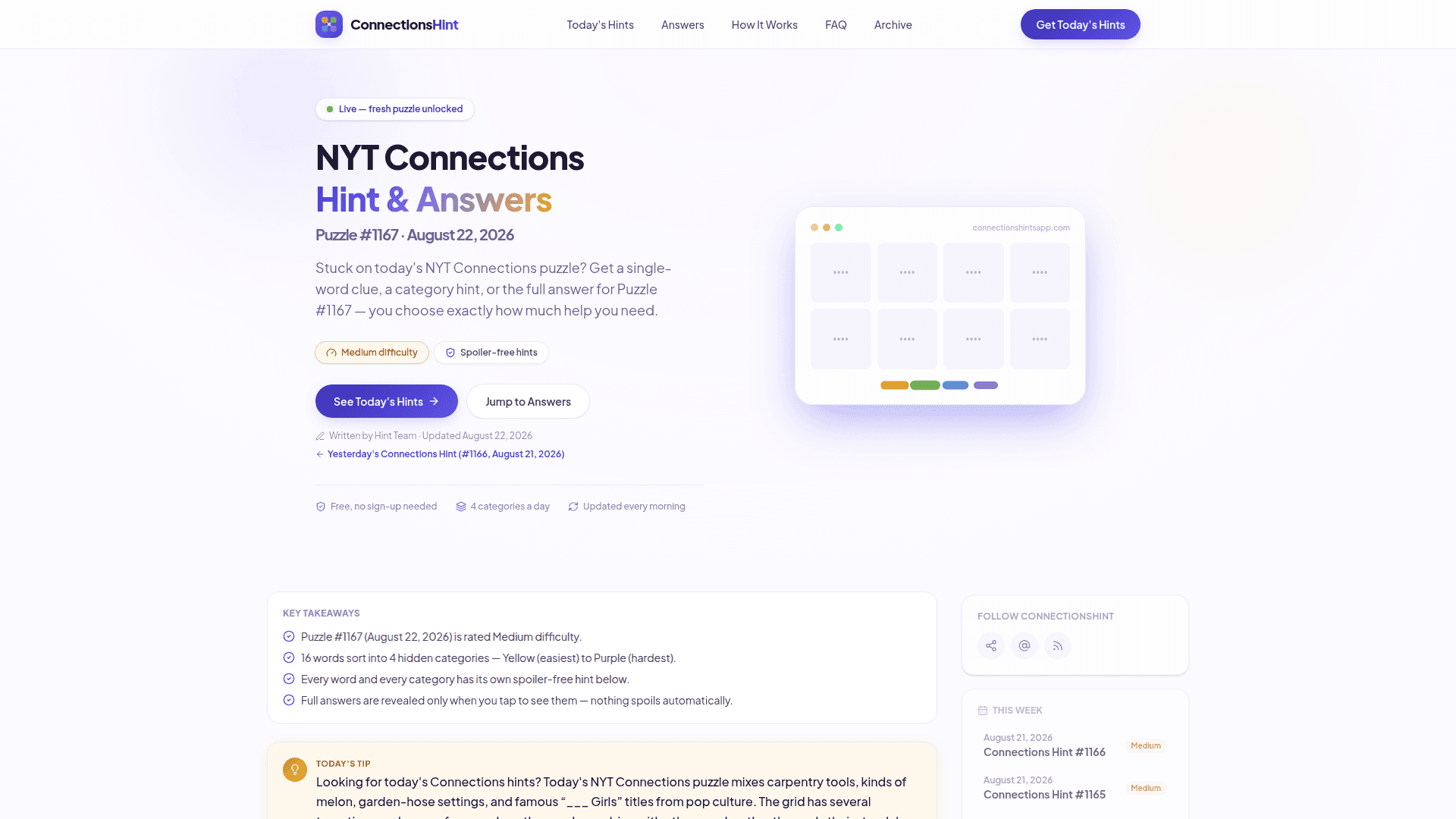 NYT Connections Puzzle Hints product preview for startup listing on Aura++