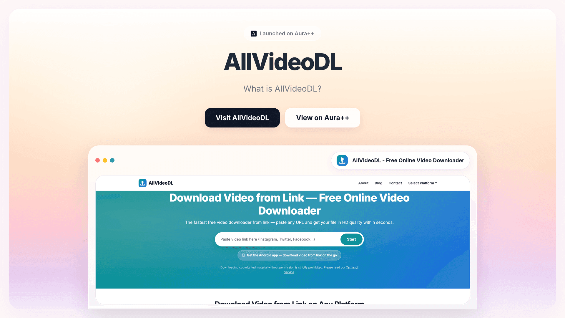 AllVideoDL - Free Online Video Downloader launch story featured image on Aura++