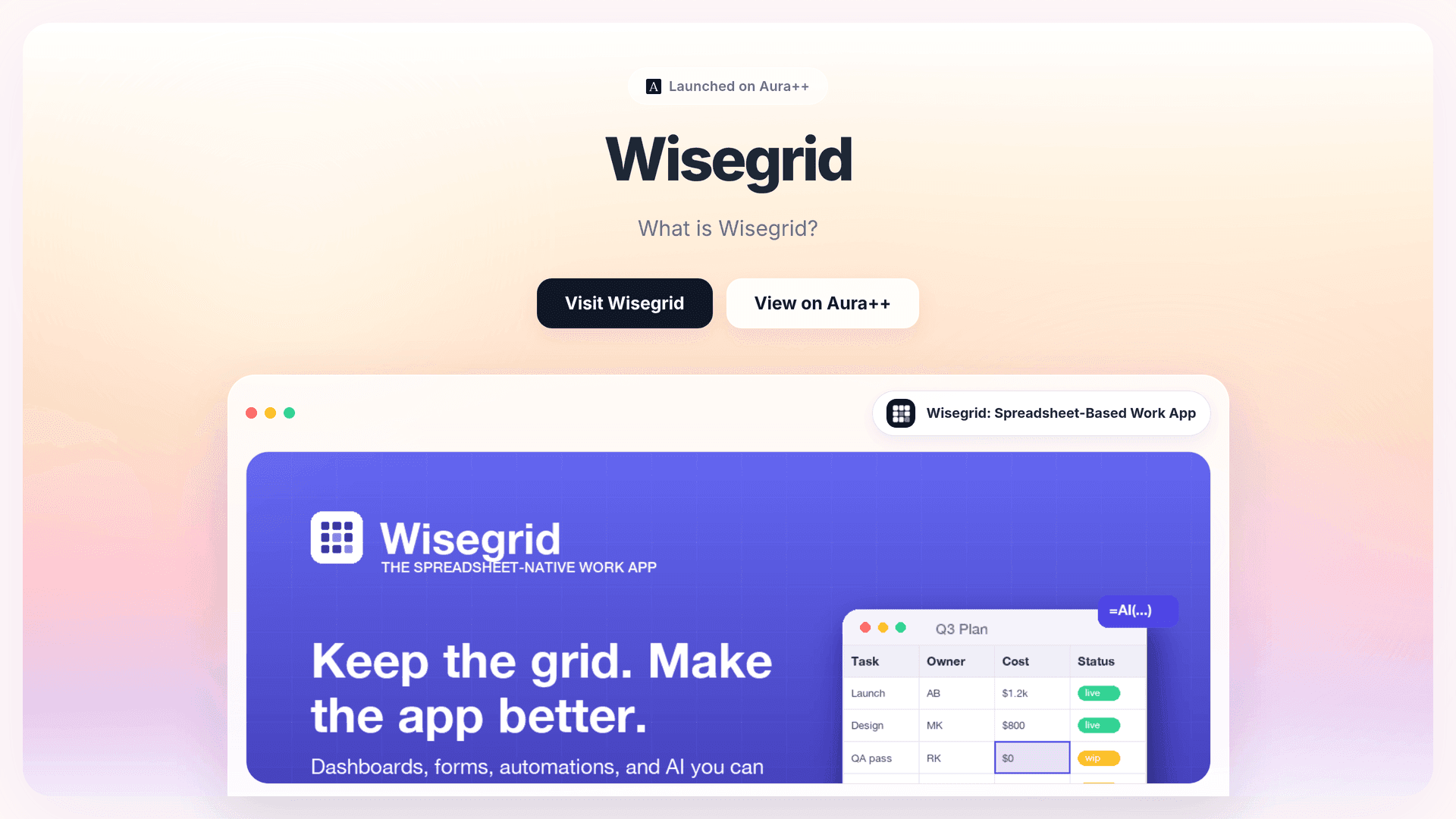 Wisegrid: Spreadsheet-Based Work App launch story featured image on Aura++