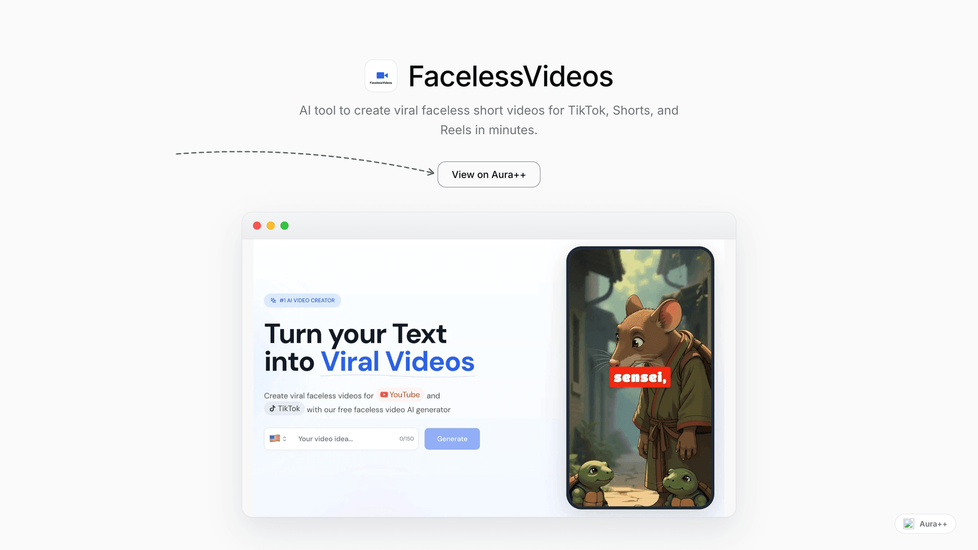 FacelessVideos launch story featured image on Aura++