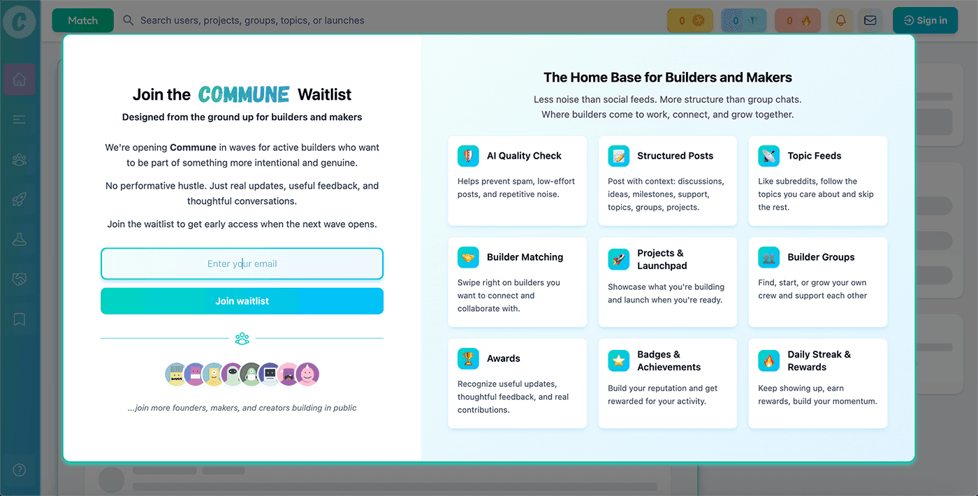 Commune product preview for startup listing on Aura++