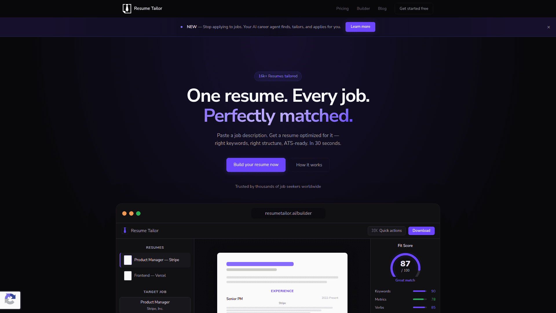 AI Resume Tailoring Platform product preview for startup listing on Aura++