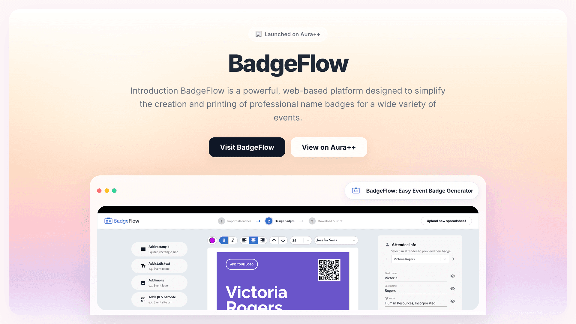 BadgeFlow: Easy Event Badge Generator launch story featured image on Aura++