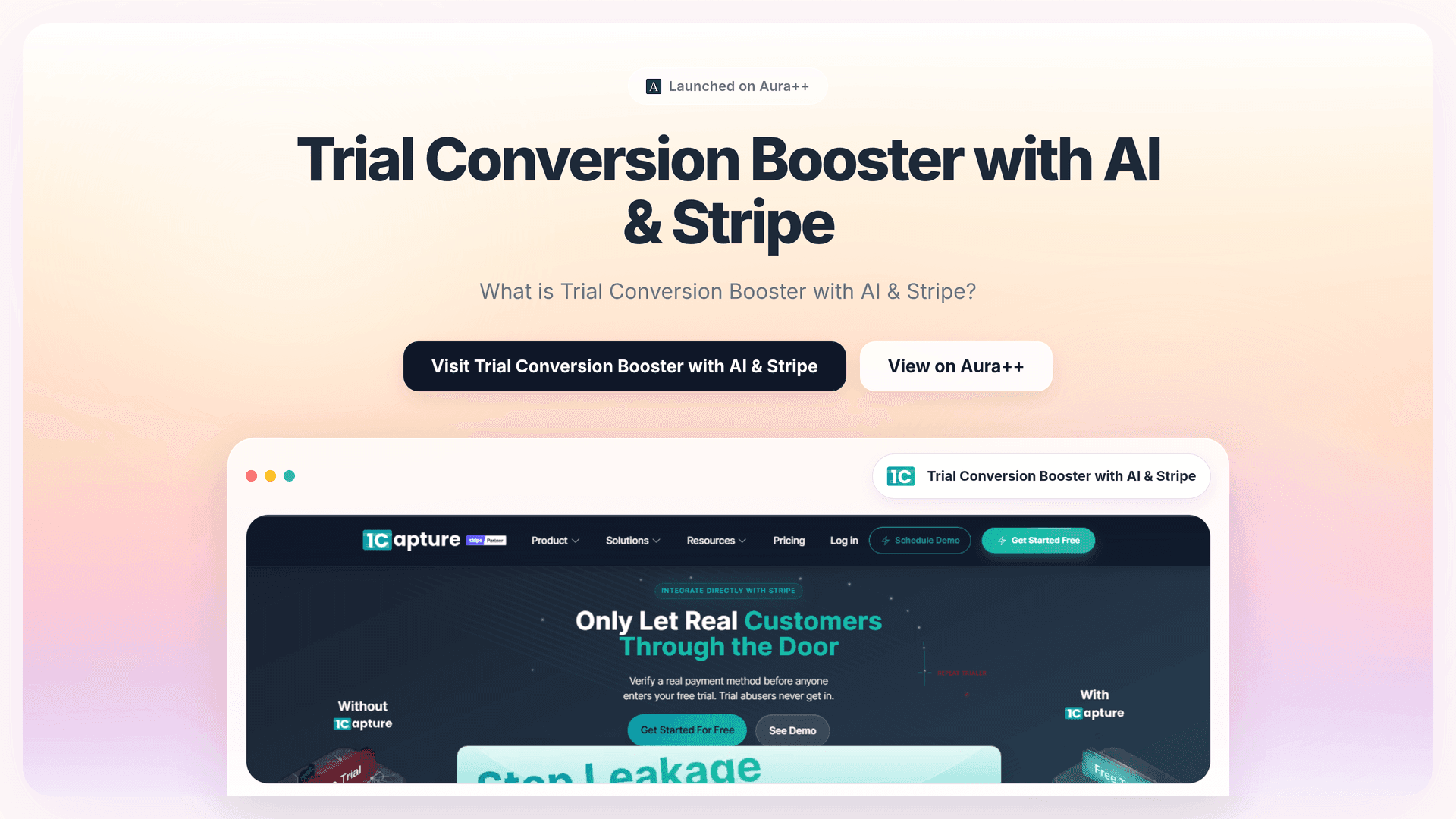 1Capture - Trial Conversion Booster with AI & Stripe launch story featured image on Aura++