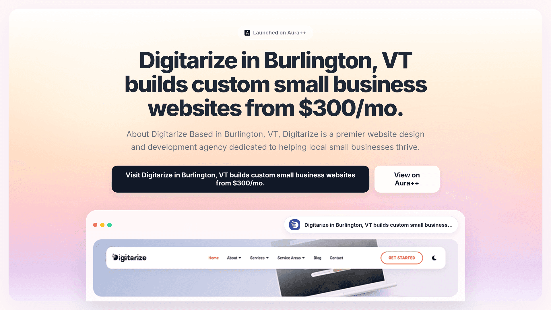 Digitarize in Burlington, VT builds custom small business websites from $297/mo. launch story featured image on Aura++