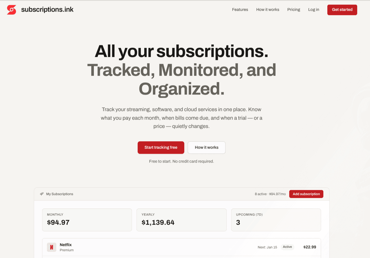 Subscriptions.ink product preview for startup listing on Aura++