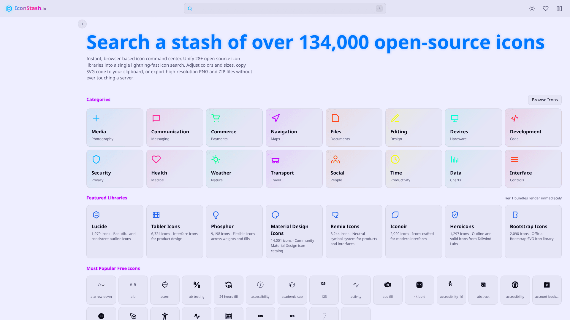 IconStash: Unified Open-Source Icon Search product preview for startup listing on Aura++