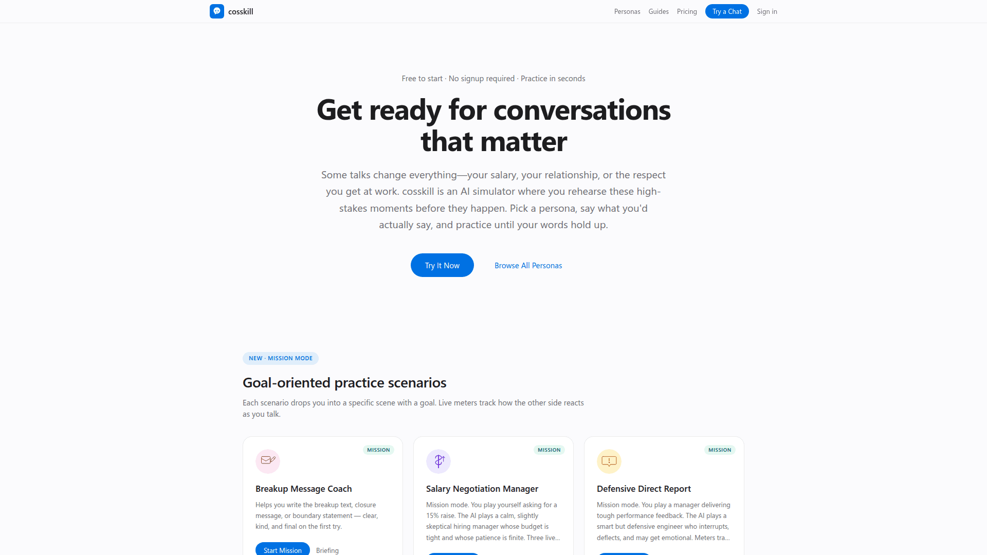 Cosskill AI Conversation Simulator product preview for startup listing on Aura++