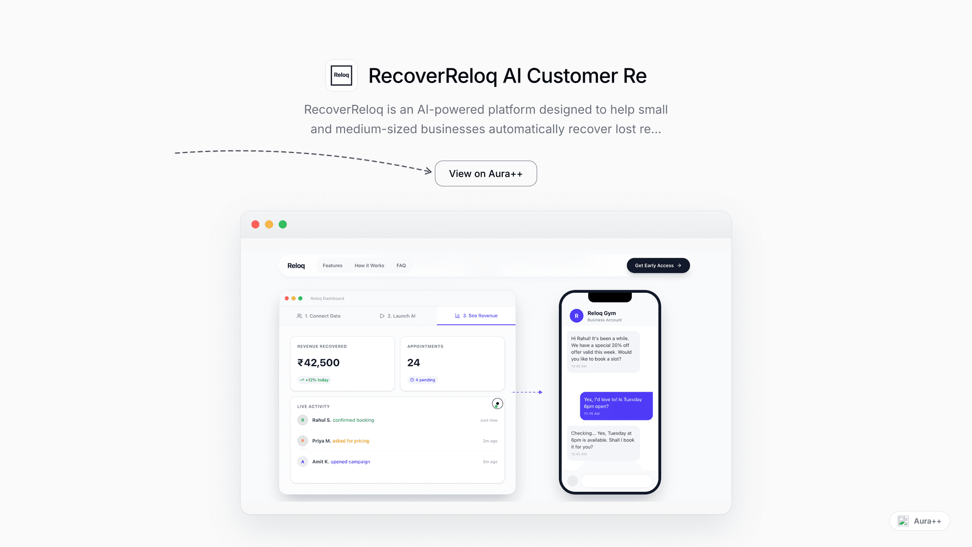RecoverReloq AI Customer Re-engagement launch story featured image on Aura++