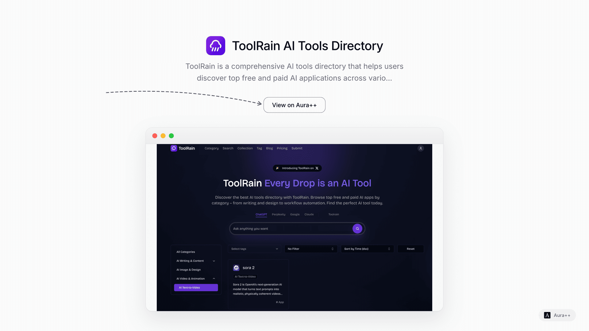 ToolRain AI Tools Directory launch story featured image on Aura++