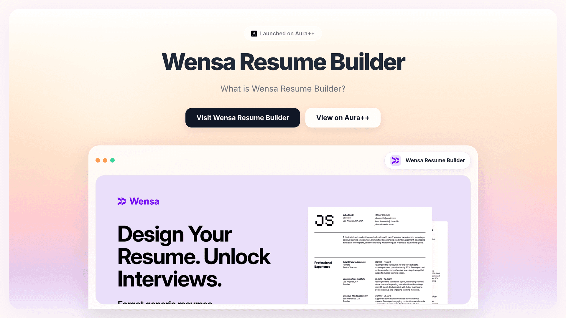 Wensa Resume Builder launch story featured image on Aura++