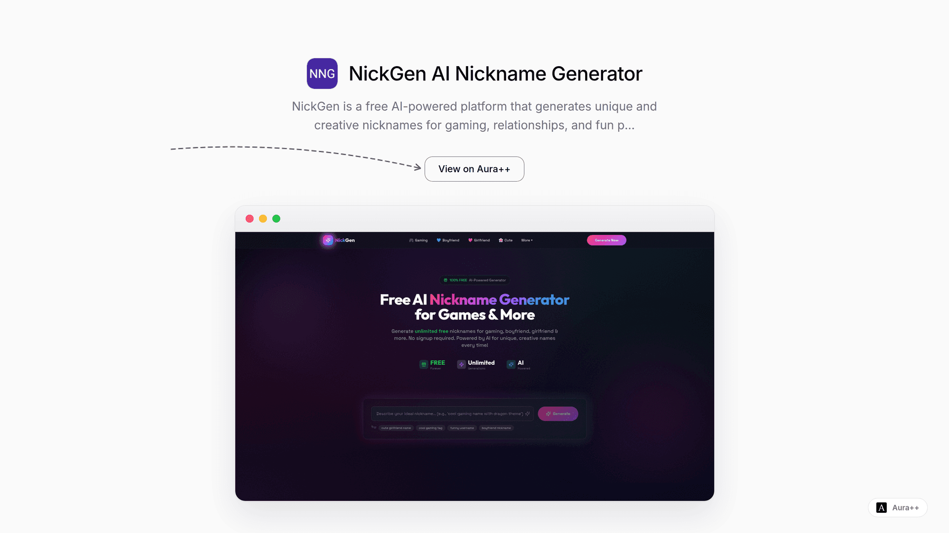 NickGen AI Nickname Generator launch story featured image on Aura++