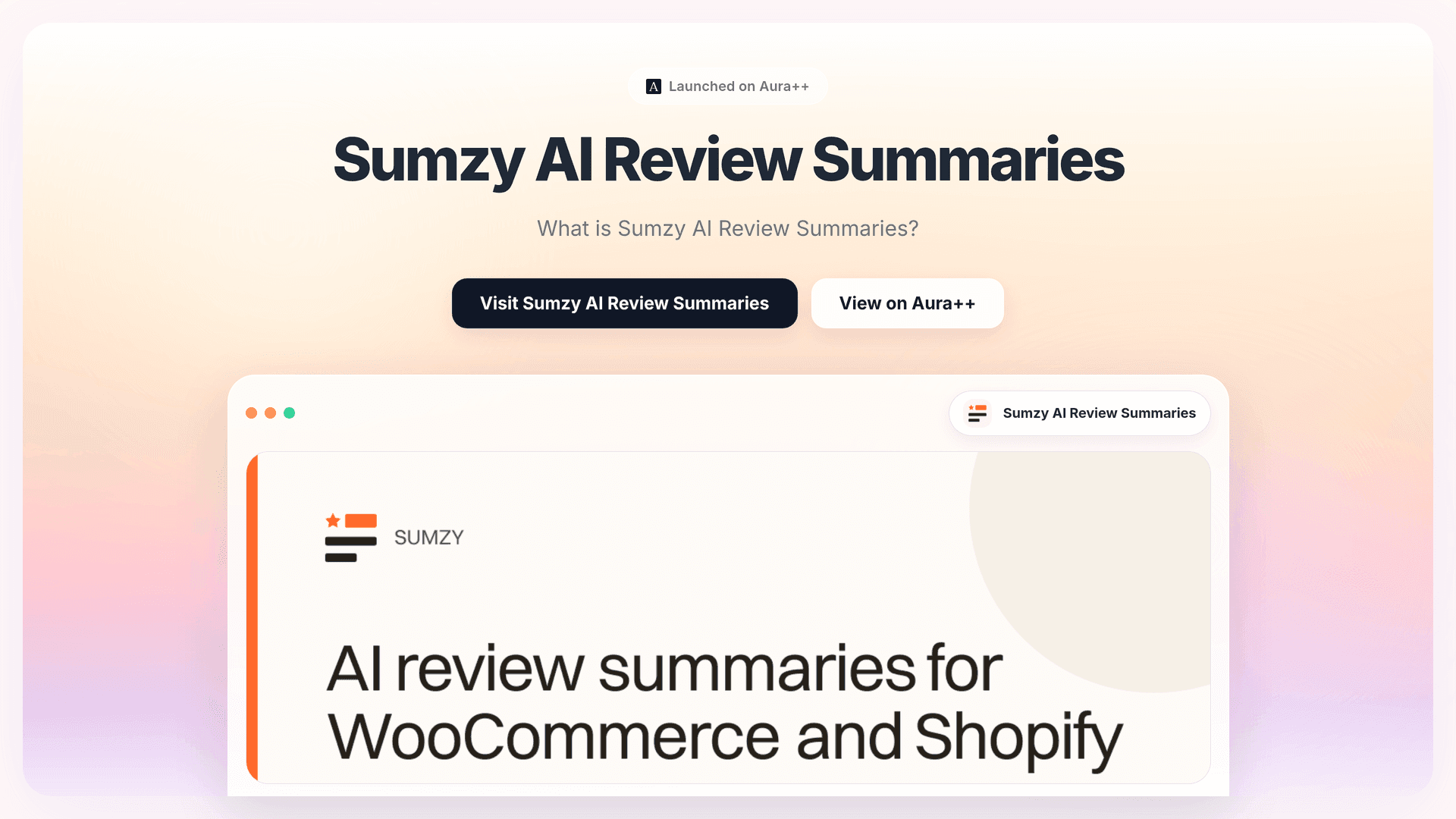 Sumzy.io | AI Review Summaries for Shopify & WooCommerce launch story featured image on Aura++