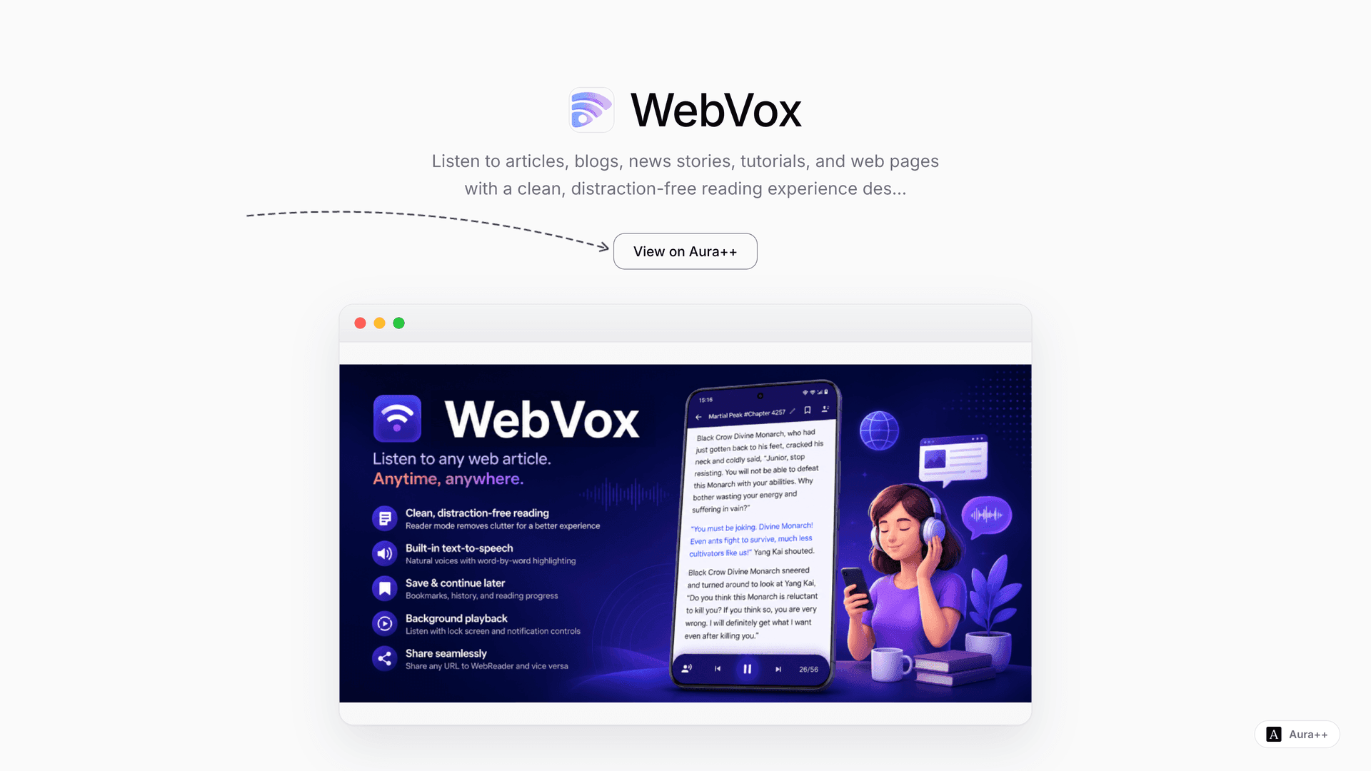 WebVox: Distraction-Free Web Reading & Listening launch story featured image on Aura++