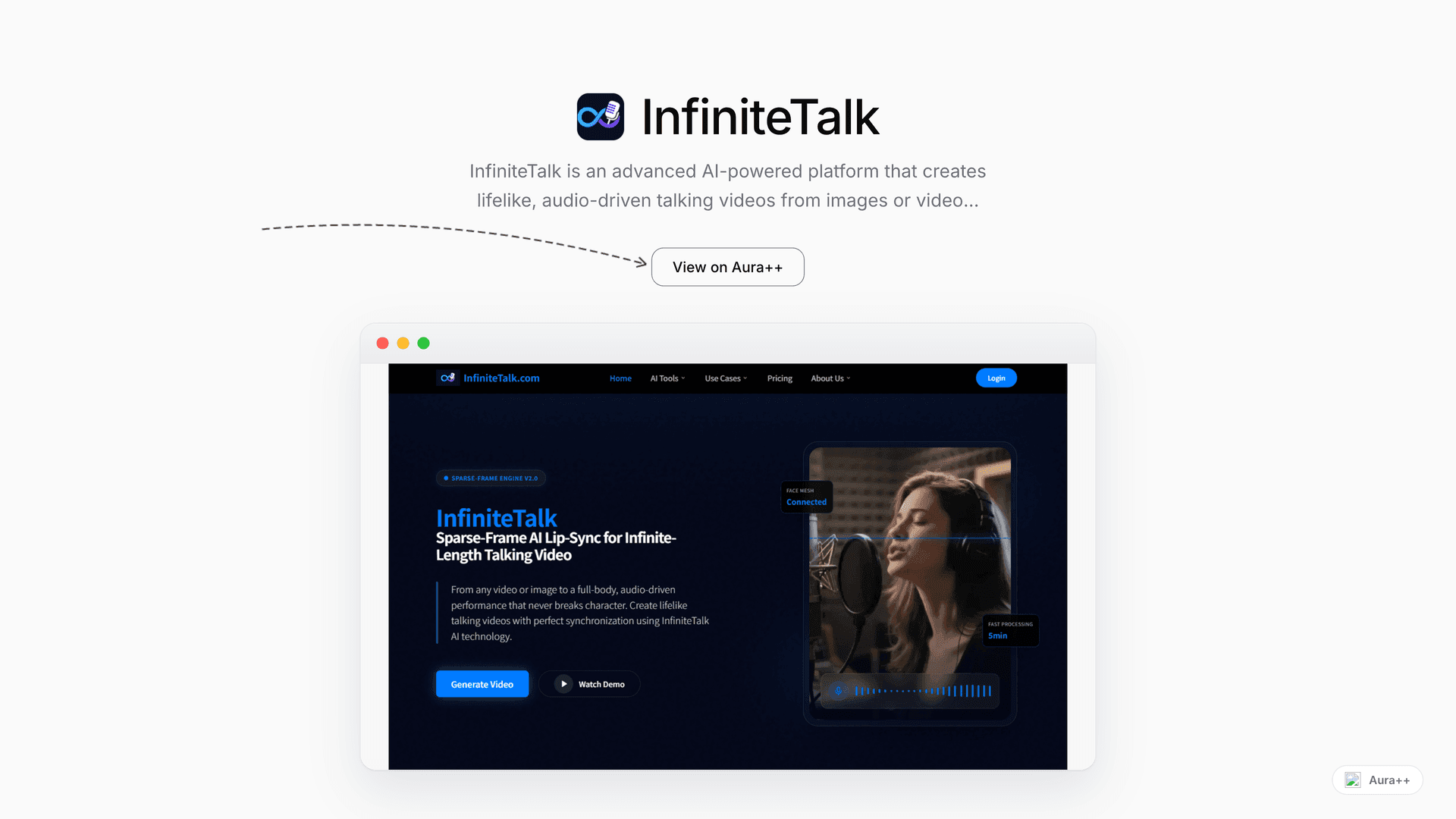 InfiniteTalk - AI Talking Video Generator launch story featured image on Aura++