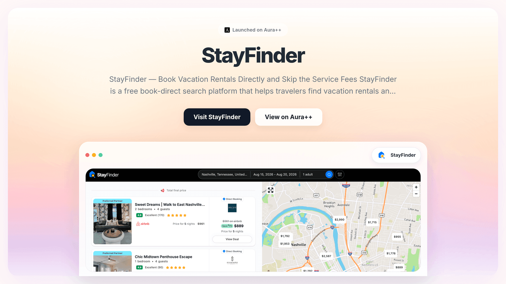 StayFinder launch story featured image on Aura++