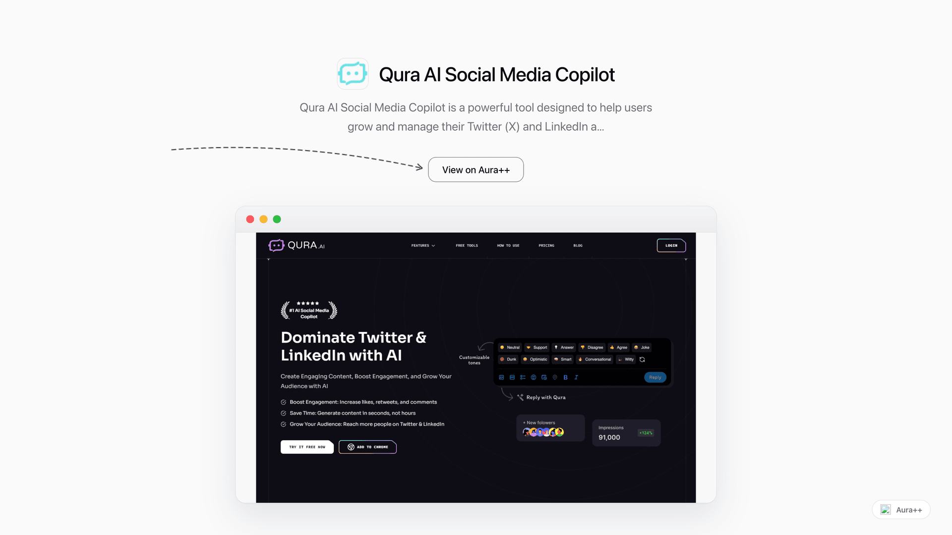 Qura AI Social Media Copilot launch story featured image on Aura++