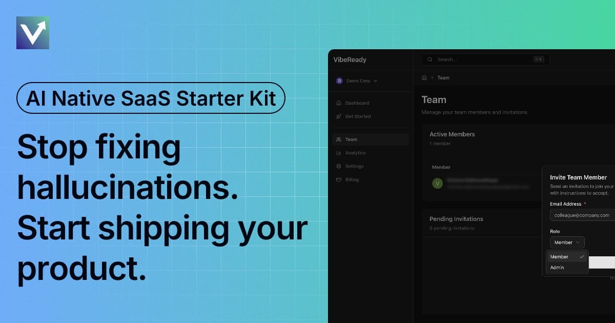 VibeReady: AI-Native SaaS Starter Kit product preview for startup listing on Aura++