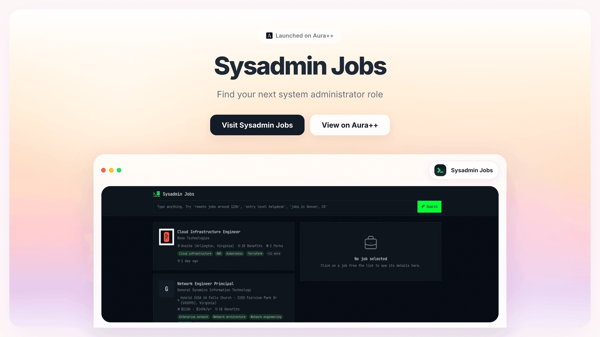 Sysadmin Jobs launch story featured image on Aura++