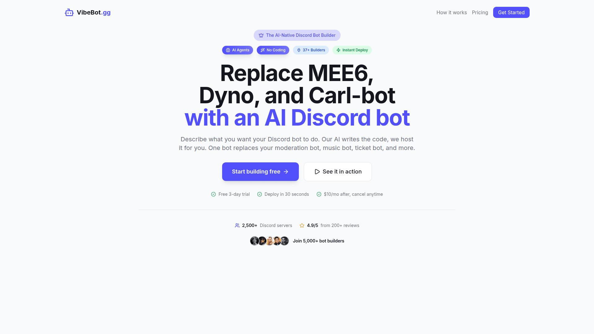 VibeBot.gg - AI Discord Bot Builder product preview for startup listing on Aura++