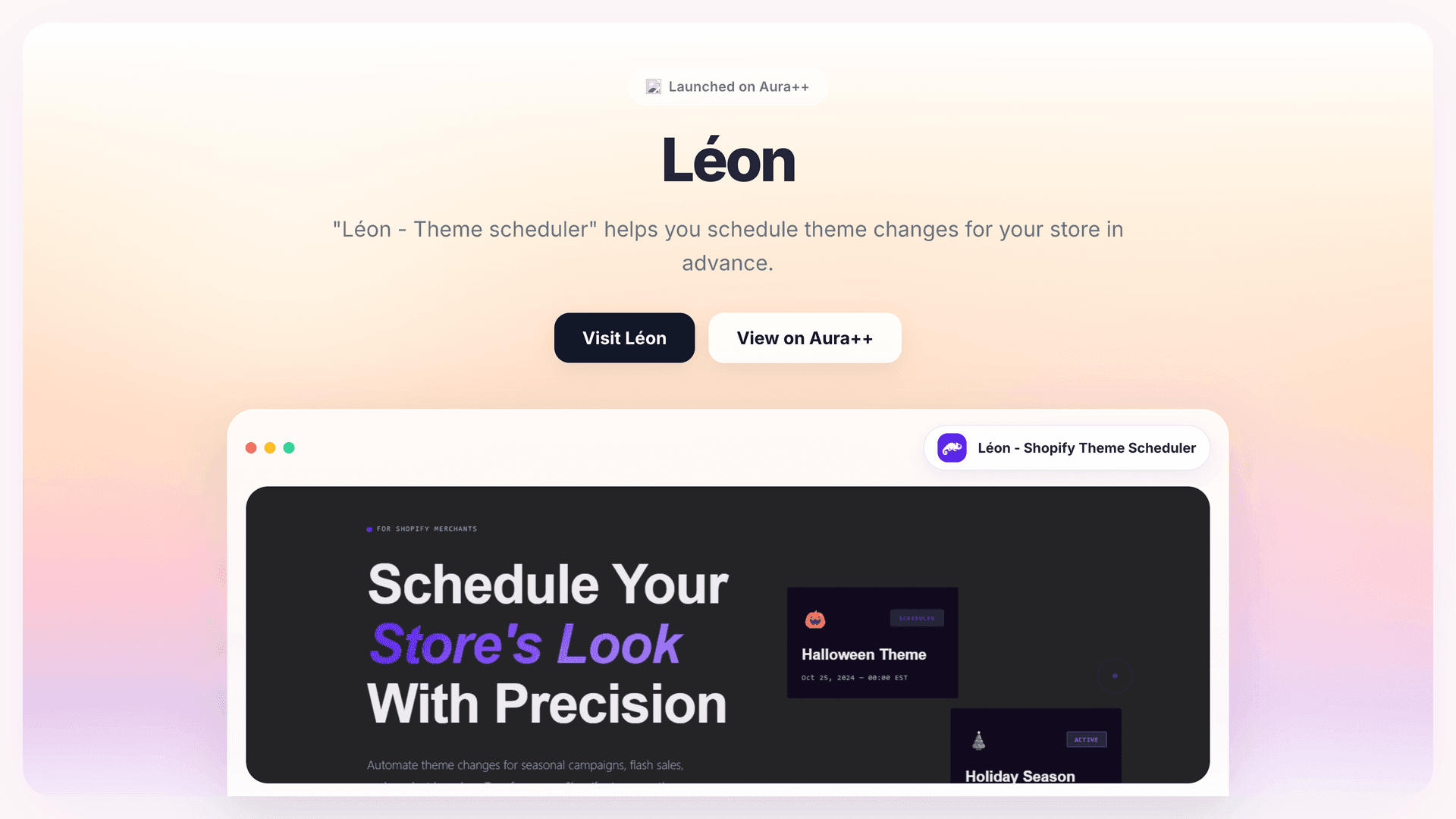 Léon - Shopify Theme Scheduler launch story featured image on Aura++