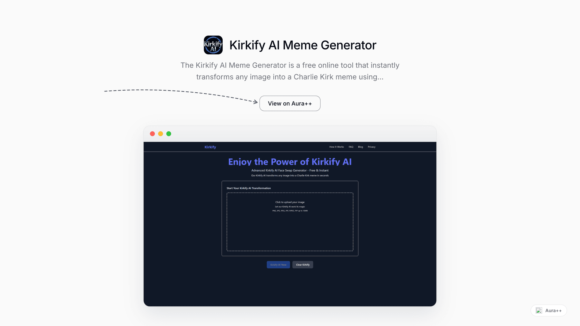 Kirkify AI Meme Generator launch story featured image on Aura++